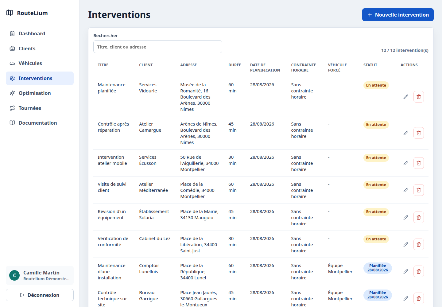 Liste des interventions Routelium avec clients, adresses, horaires et statuts de planification.