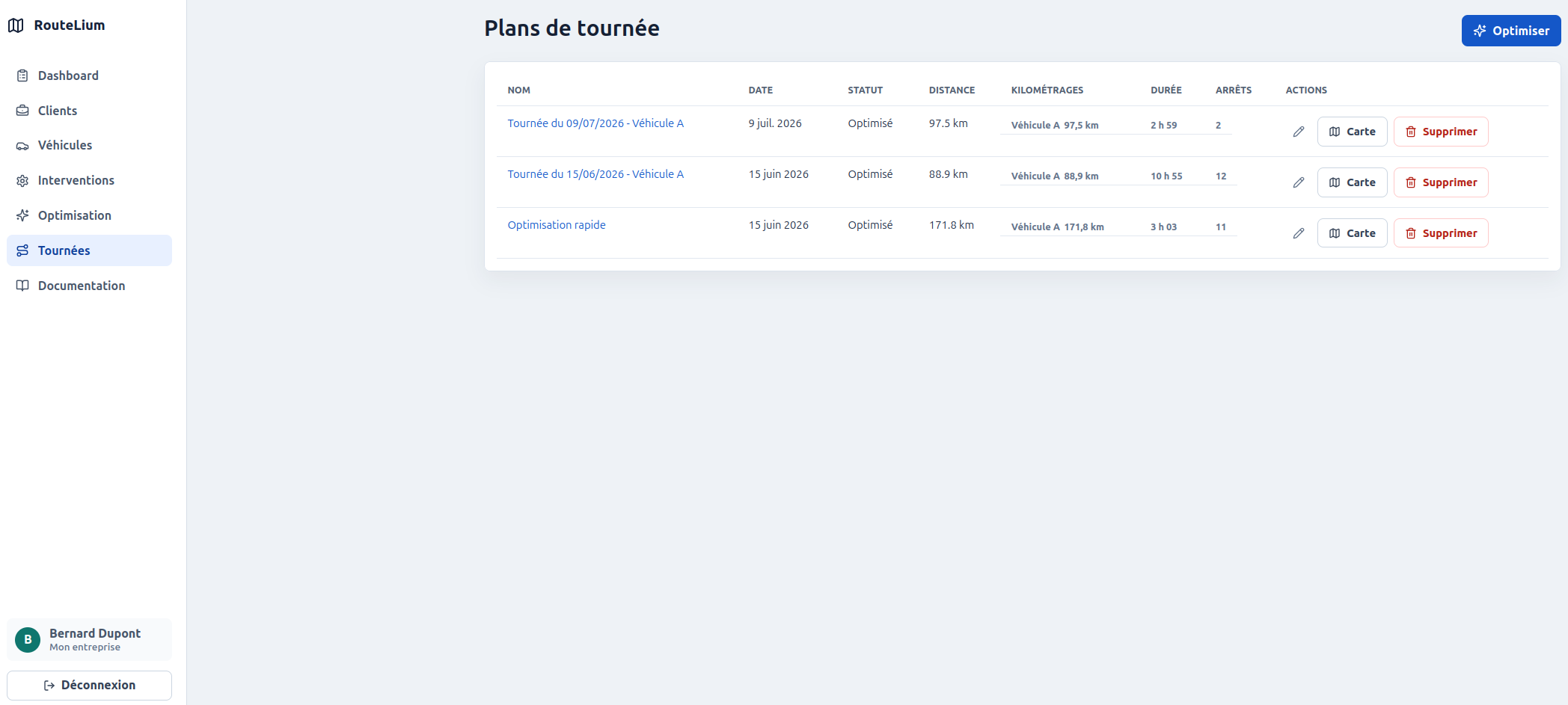 Carte Routelium présentant l'ordre des arrêts et le tracé d'une tournée optimisée.